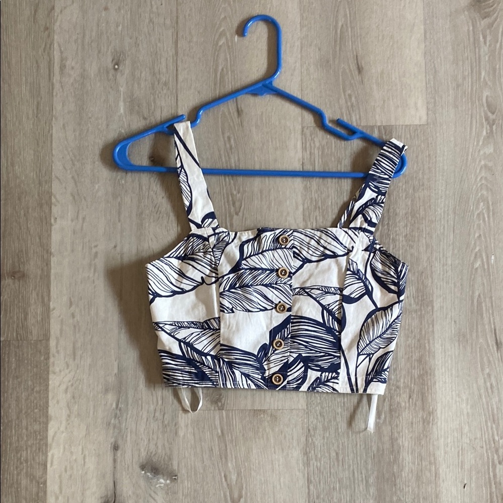 Leaf Print Crop Top - Navy and White